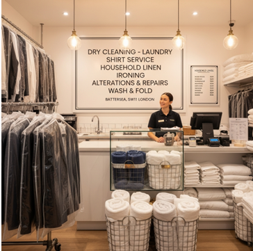  Laundry service in Battersea SW11 with folded linens, shirt service, wash and fold, and professional garment care.