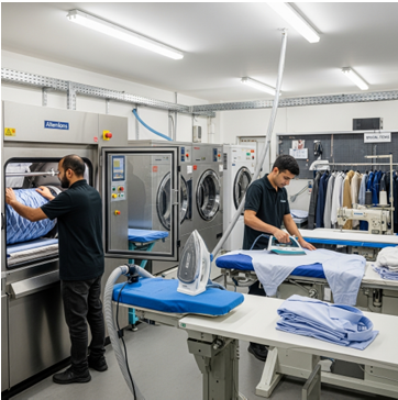   Commercial laundry facility interior showing two employees in black polo shirts working with dress shirts. Left employee loads blue striped shirt into Allenfons industrial pressing machine. Right employee irons white shirt on blue-padded pressing table. Background features industrial washing machines, dryers, sewing station, and rack of finished garments labeled 'SPECIAL ITEMS.' Bright fluorescent lighting, white walls with cable management tracks, and professional laundry equipment throughout workspace. 