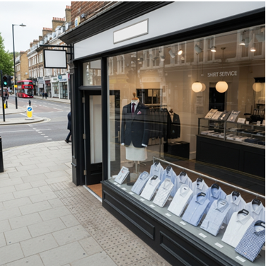 Elegant storefront of shirt service shop on London street with black-framed windows and signage reading 'SHIRT SERVICE.' Window display shows navy suit on mannequin and neatly arranged dress shirts in white and blue patterns on lower shelf. Red double-decker bus and traditional British architecture visible in street reflection. Clean minimal aesthetic with pendant lighting visible inside. 