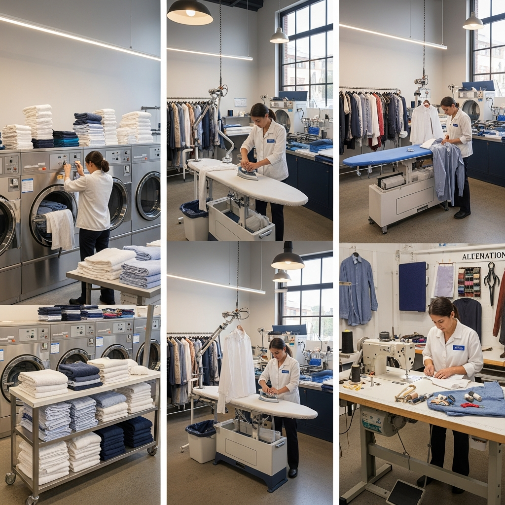 Collage of a professional laundry and garment care facility showing workers washing, ironing, and performing alterations on clothing  