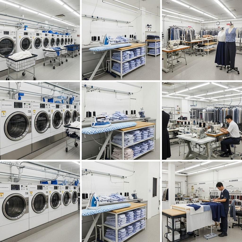 Dry cleaning, shirt service, ironing, alterations, and repairs in a Wimbledon dry cleaners shop with professional garment handling areas.