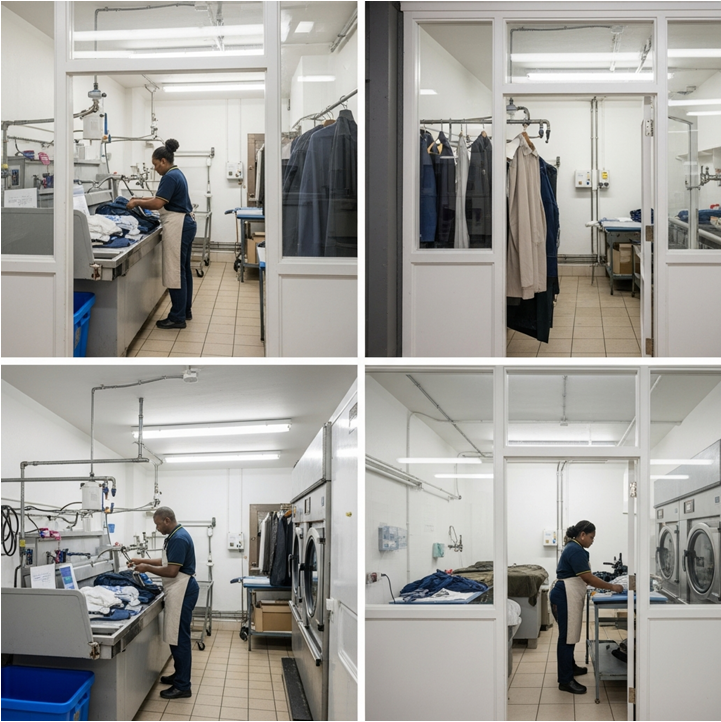Inside The Big Wash dry cleaning facility in Wandsworth SW18, showing expert laundry processing and garment care.