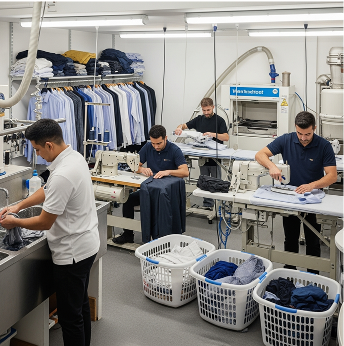 Professional staff ironing shirts and carrying out garment alterations at The Big Wash dry cleaning and laundry service in Wandsworth SW18. 
