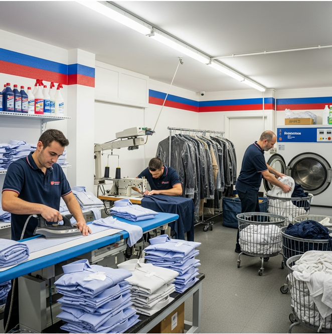 Professional staff ironing shirts and carrying out garment alterations at The Big Wash dry cleaning and laundry service in Wandsworth SW18.