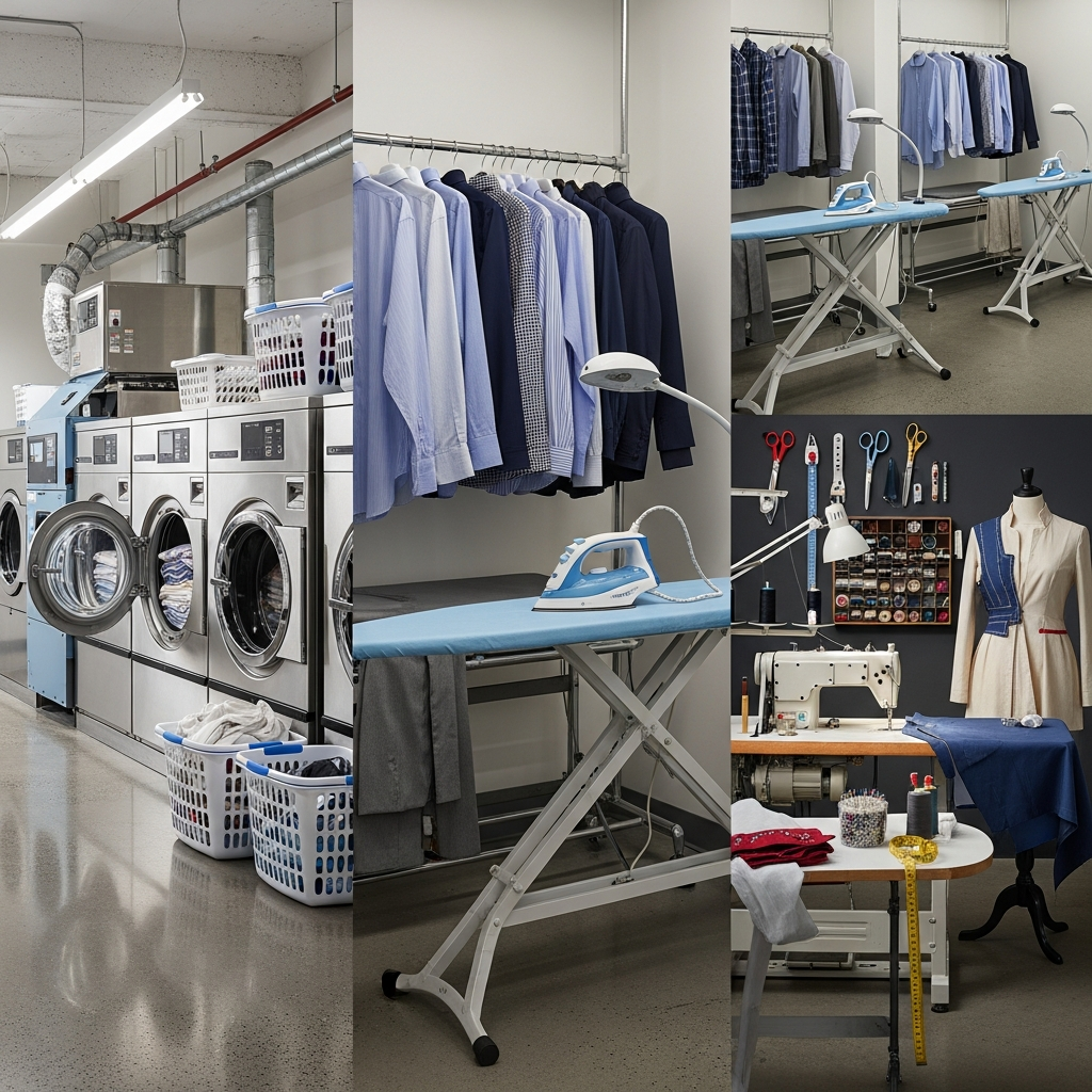 Commercial laundry, washing, and ironing services in Wimbledon featuring large-capacity machines, folded garments, and professional workstations