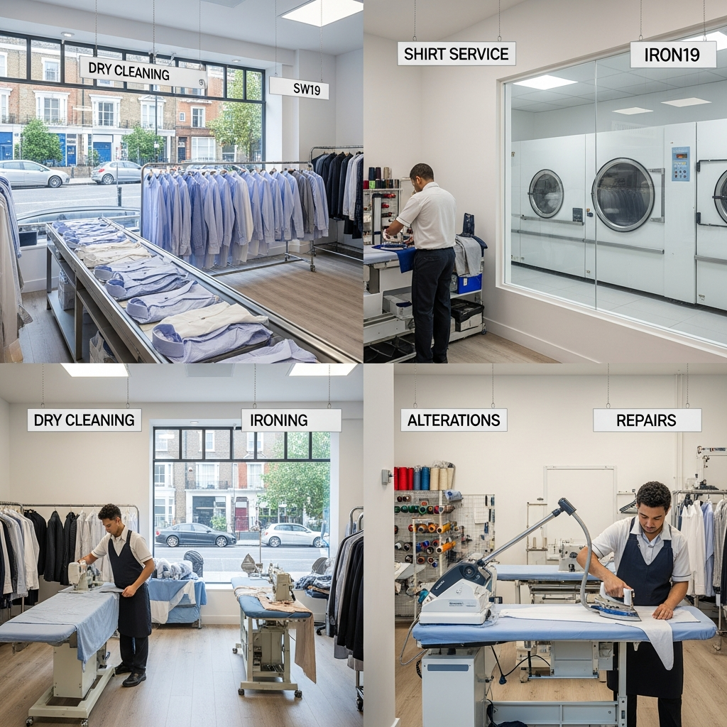Professional dry cleaning and laundry facility in Wimbledon with industrial washing machines, ironing stations, and garment care equipment. 